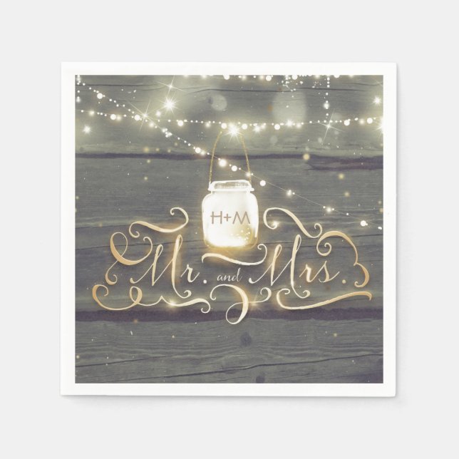 Rustikales Holz String Lights Mason Jar Wedding Serviette (Vorderseite)