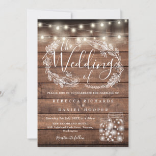 Rustikales Holz String Lights Mason Jars Wedding Einladung