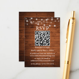 Rustikales Holz String Lights QR Wedding RSVP Begleitkarte