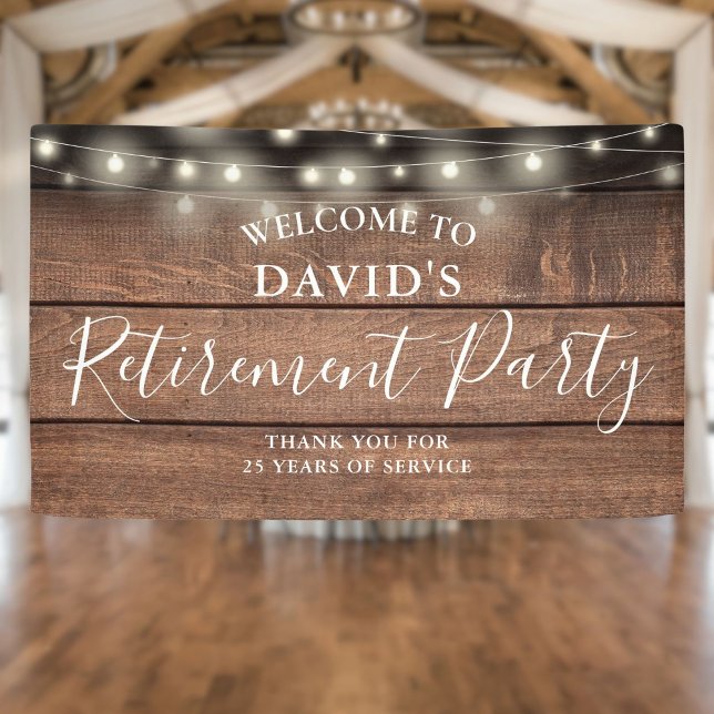 Rustikales Holz String Lights Retirement Party Banner (Rustic Wood String Lights Retirement Party Banner)