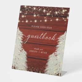 Rustikales Holz | String Lights | Trees Guestbook Sockelschild