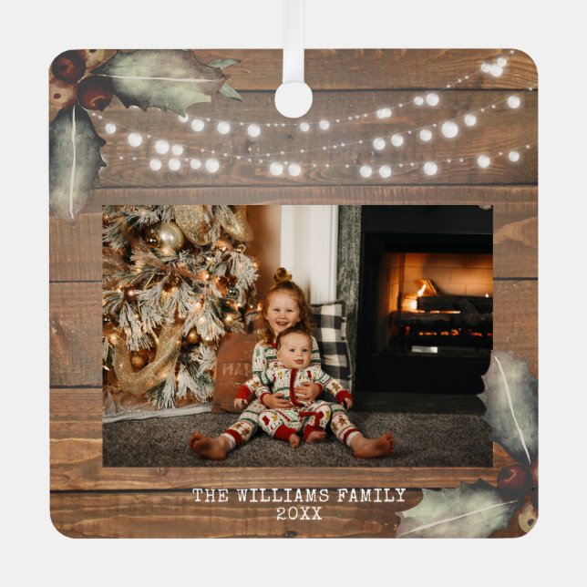 Rustikales Holz String Lights Weihnachten Ornament Aus Metall (Vorderseite)