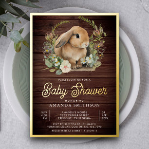 Rustikales Holz Süßes Häschen Florale Babyparty Go Folieneinladung
