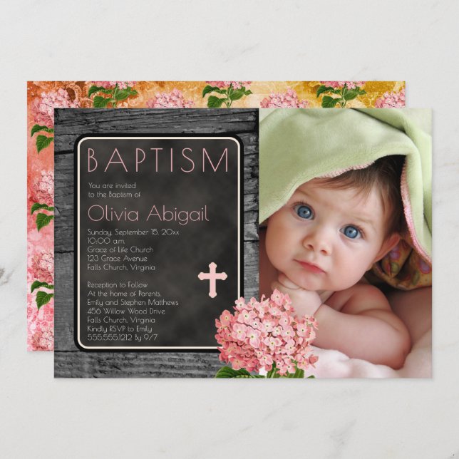 Rustikales Holz | Taufe für Blumenkohl-Foto auf de Einladung (Vorne/Hinten)