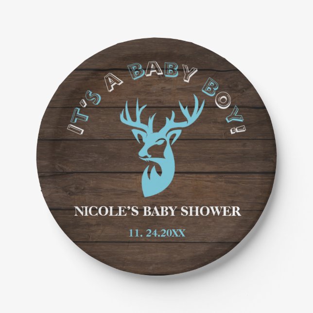 Rustikales Holz Thema Blue Deer Baby Boy Dusche Pappteller (Vorderseite)