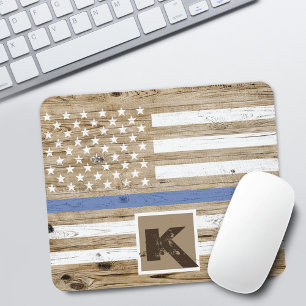 Rustikales Holz Thin Blue Line USA-Flaggen-Monogra Mousepad