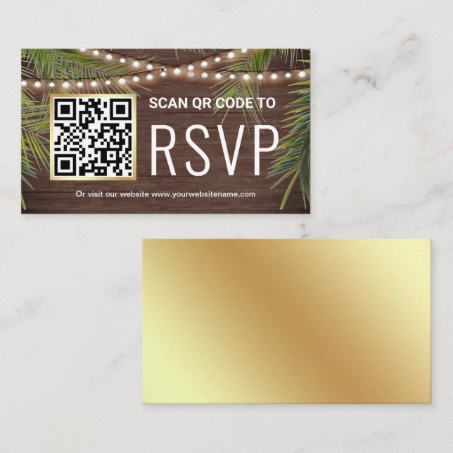 Rustikales Holz Tropenpalme QR Code UAWG Wedding Begleitkarte (Vorne/Hinten)