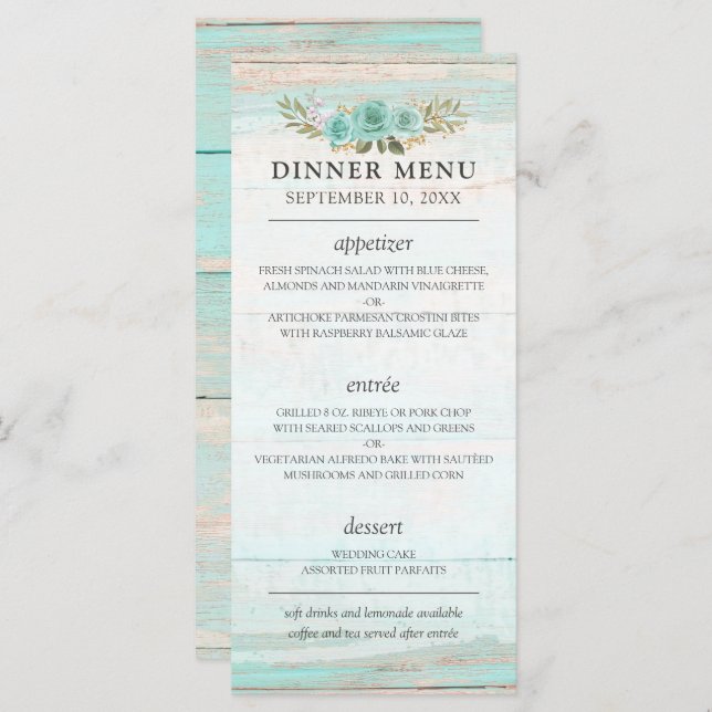 Rustikales Holz Türkis Floral Country Chic Hochzei Programm (Vorne/Hinten)