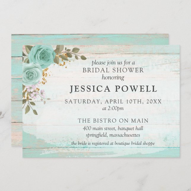 Rustikales Holz Türkis Hütte Brautparty Einladung (Vorne/Hinten)