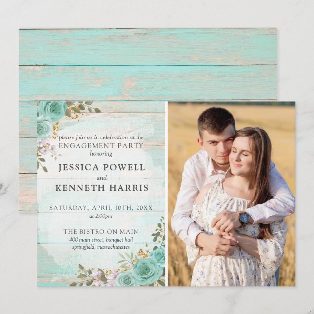 Rustikales Holz Türkis Rose Engagement Partei Foto Einladung (Vorne/Hinten)