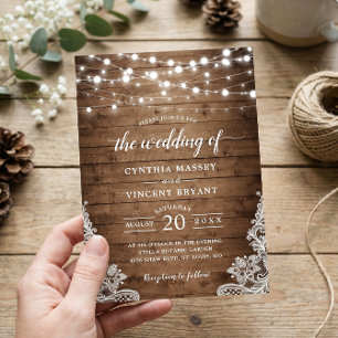 Rustikales Holz Twinkle String Lights Hochzeit Einladung