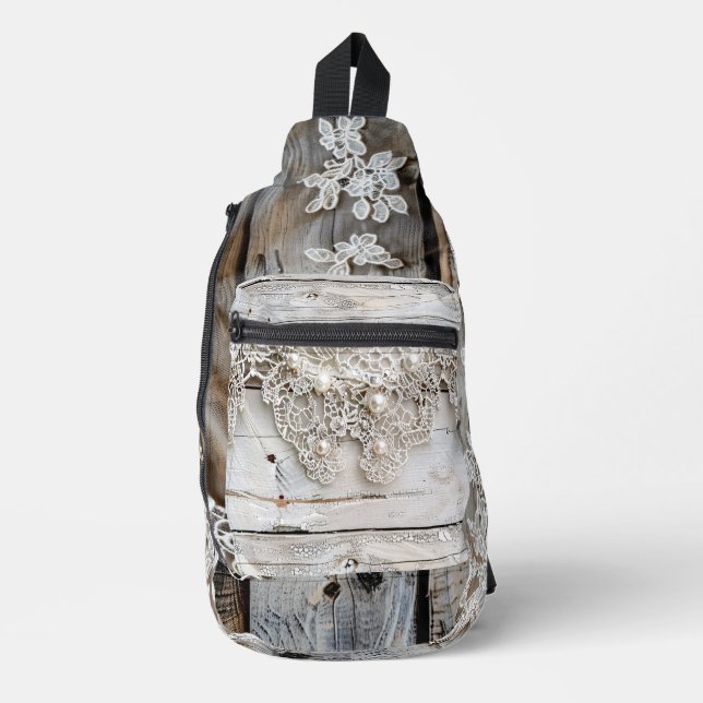 Rustikales Holz und antike Spitze Crossbody Bag (Vorderseite)
