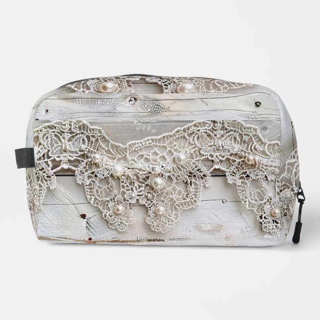 Rustikales Holz und antike Spitze Waschbeutel (Vorderseite)