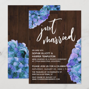 Rustikales Holz und Blue Hydrangea Just Married Einladung