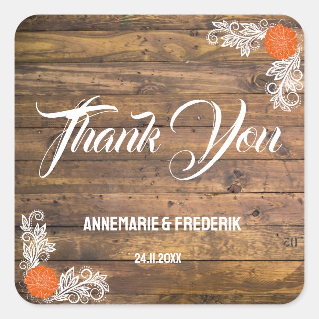 Rustikales Holz und Blume Quadratischer Aufkleber (Vorderseite)