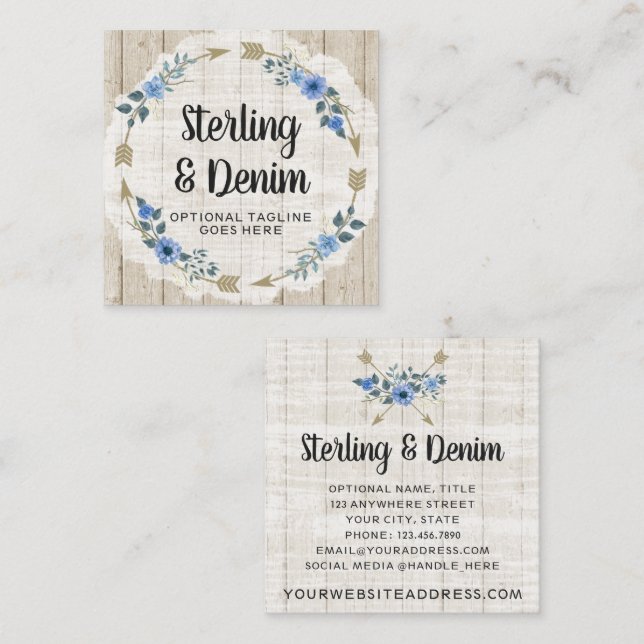 Rustikales Holz und Bohemische Aquarellpfeifen Quadratische Visitenkarte (Vorne/Hinten)