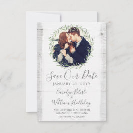 Rustikales Holz und botanischer Leaf-Kranz Save th Einladung