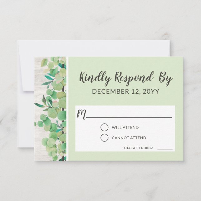 Rustikales Holz und Eukalyptus Wedding UAWG RSVP Karte (Vorderseite)