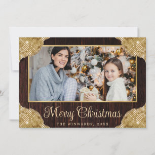Rustikales Holz und goldener Glitterrand Familienf Feiertagskarte