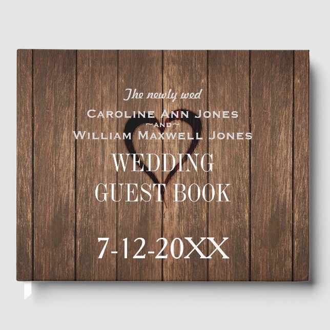 Rustikales Holz und gravierte Herzbücher Gästebuch (Vorderseite)