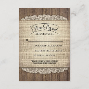 Rustikales Holz und Leinwand schnürt sich Hochzeit RSVP Karte