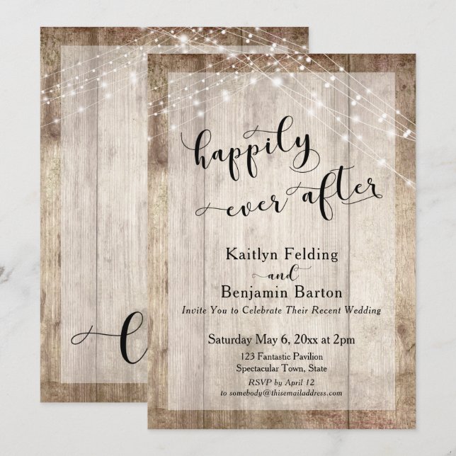 Rustikales Holz und Licht nach dem Empfang glückli Einladung (Vorne/Hinten)