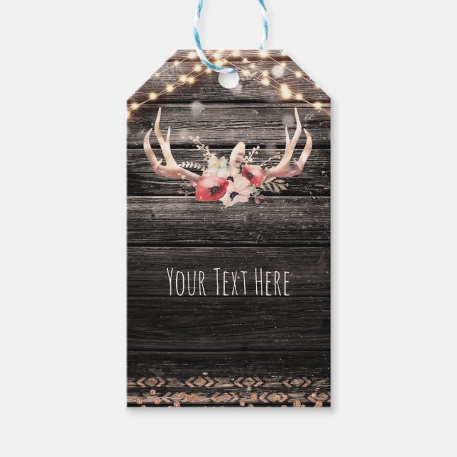 Rustikales Holz und Lichter Blumenantler Boho Chic Geschenkanhänger (Vorderseite)