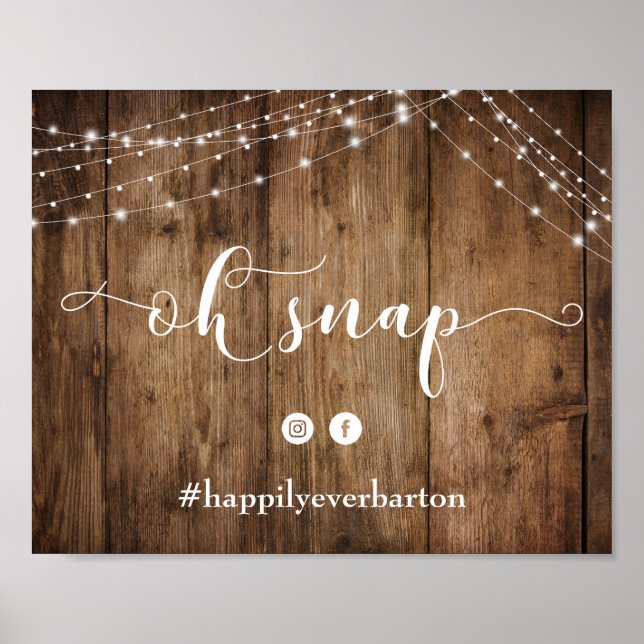 Rustikales Holz und Lichter Oh Snap Wedding Hashta Poster (Vorne)