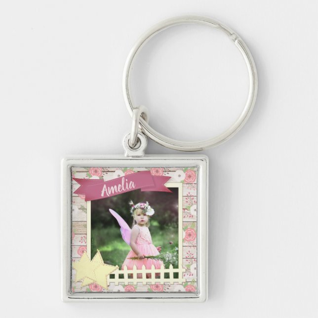 Rustikales Holz und rosafarbene Blüten - Foto und  Schlüsselanhänger (Vorne)