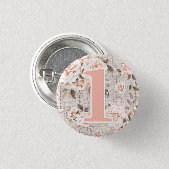 Rustikales Holz und Shabby Chic Rose 1. Geburtstag Button (Vorne & Hinten)