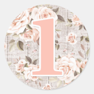 Rustikales Holz und Shabby Chic Rose 1. Geburtstag Runder Aufkleber