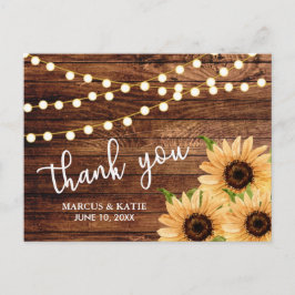 Rustikales Holz und Sonnenblumen Hochzeit Danke Postkarte