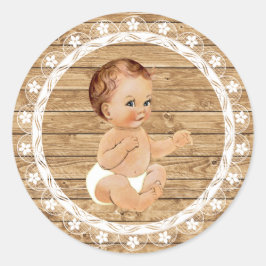 Rustikales Holz- und Spitzen-Babyduschenaufkleber. Runder Aufkleber