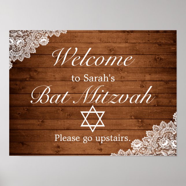 Rustikales Holz und Spitzen Bar Bat Mitzvah Begrüß Poster (Vorne)