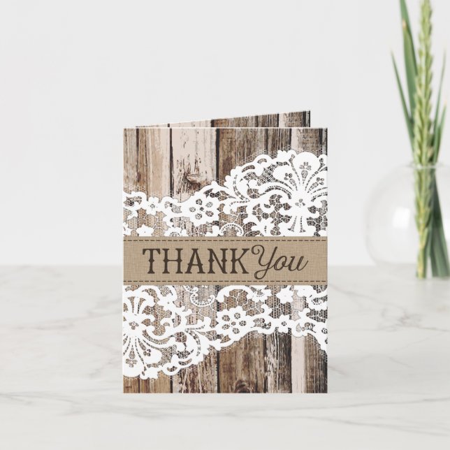 Rustikales Holz und Spitzen Danke Karte (Vorderseite)