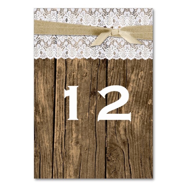 Rustikales Holz und Spitzen-Hochzeit-Tischnummer Tischnummer (Vorderseite)