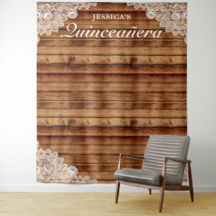 Rustikales Holz und Spitzen Quinceañera Foto Hinte Wandteppich