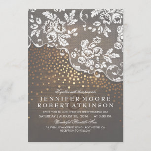 Rustikales Holz und Spitzengold Confetti Hochzeit Einladung