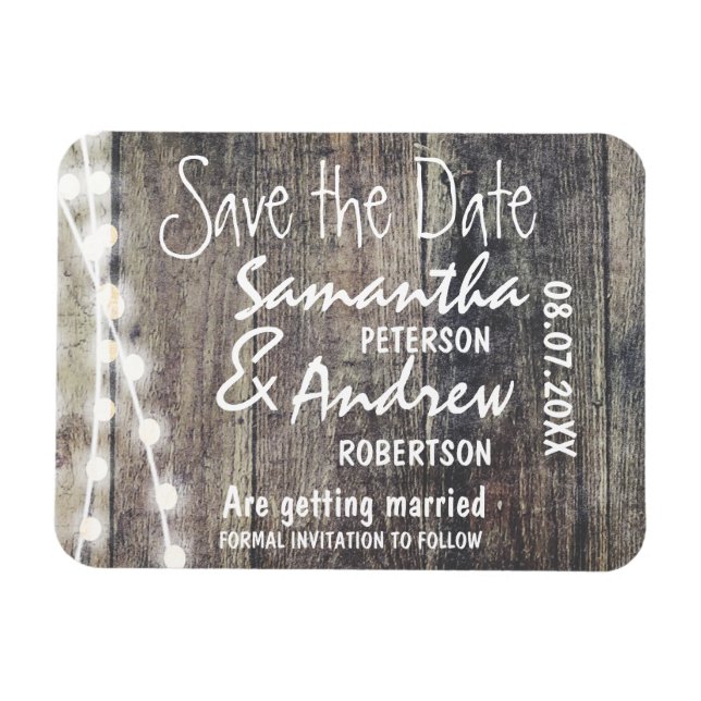Rustikales Holz und Streichlichter Save the Date Magnet (Horizontal)