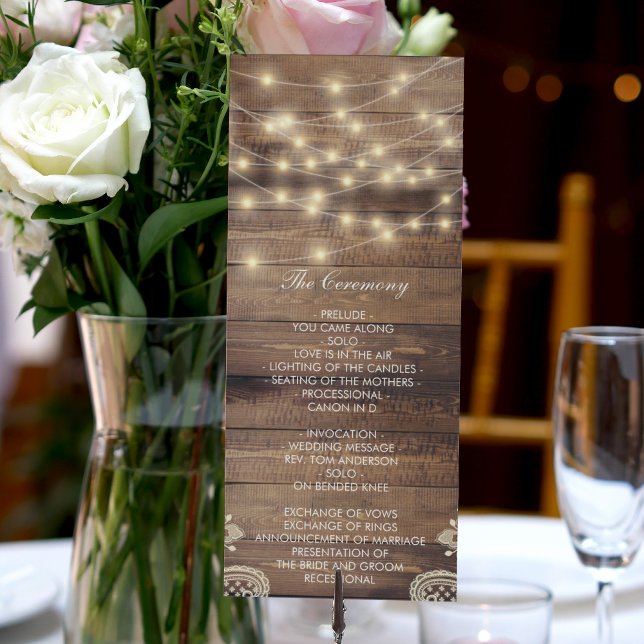 Rustikales Holz und String Lights | Hochzeitsprogr Programm (Rustic Wood & String Lights | Lace Wedding Program)