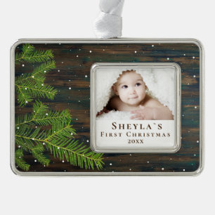 Rustikales Holz und Tannen-Babys erstes Weihnachts Rahmen-Ornament Silber