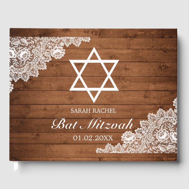 Rustikales Holz und weiße Spitzen Bar Bat Mitzvah Gästebuch (Vorderseite)