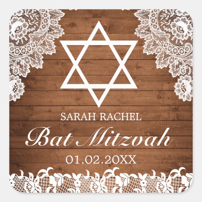 Rustikales Holz und weiße Spitzen Bar Bat Mitzvah Quadratischer Aufkleber (Vorderseite)