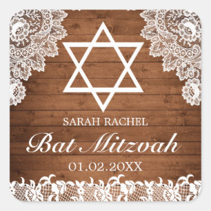 Rustikales Holz und weiße Spitzen Bar Bat Mitzvah Quadratischer Aufkleber