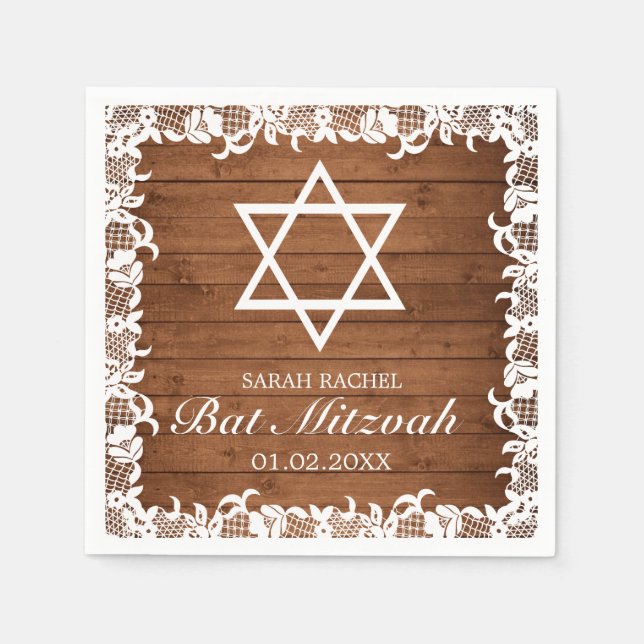 Rustikales Holz und weiße Spitzen Bar Bat Mitzvah Serviette (Vorderseite)