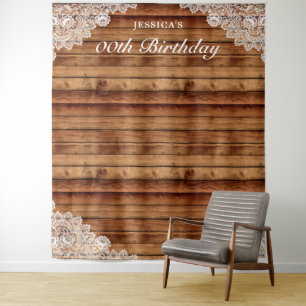 Rustikales Holz und weiße Spitzen Geburtstag Foto  Wandteppich