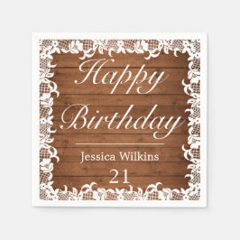 Rustikales Holz und weiße Spitzen glücklich zum Ge Serviette