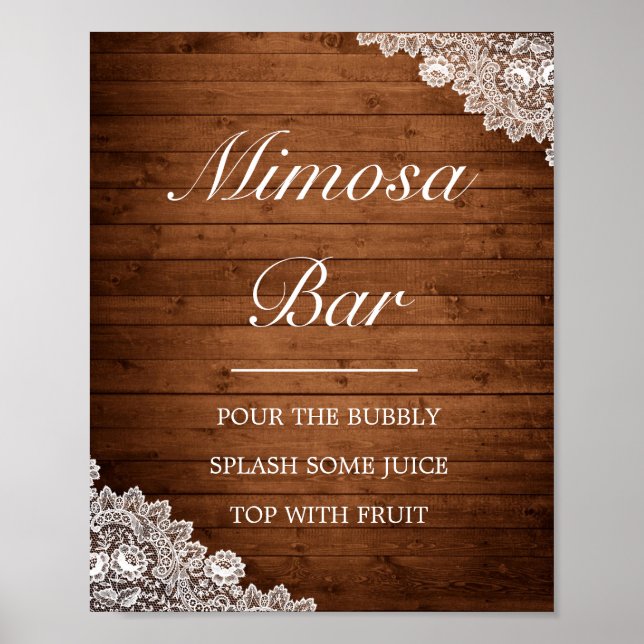 Rustikales Holz und weiße Spitzen Mimosa Bar Weddi Poster (Vorne)