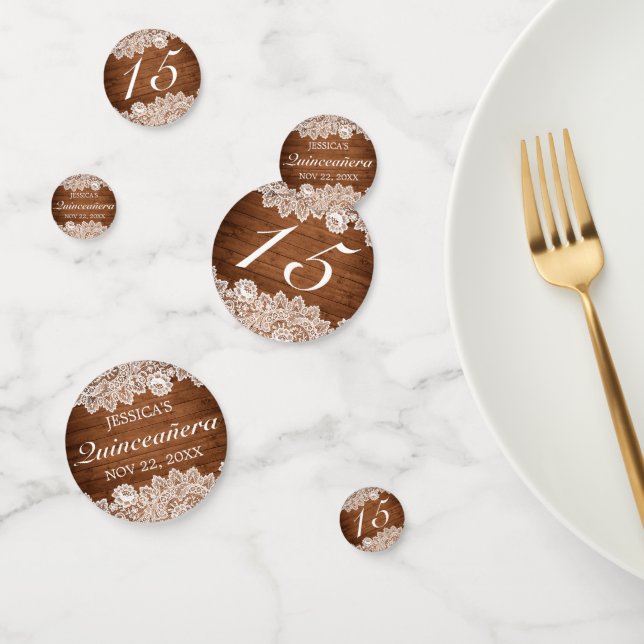 Rustikales Holz und weiße Spitzen Quinceañera Konfetti (Gruppe)