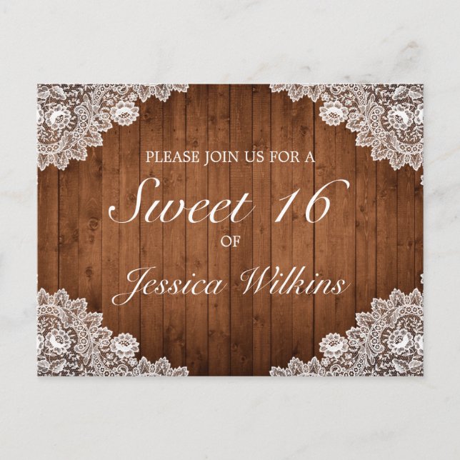 Rustikales Holz und weiße Spitzen Süß 16 Ankündigungspostkarte (Vorderseite)